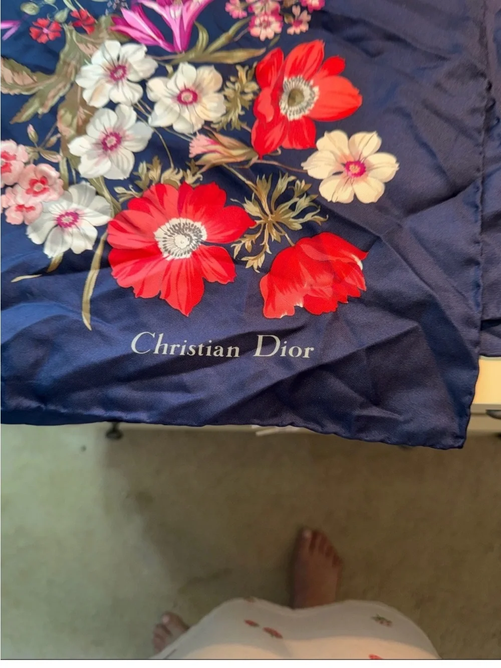 Christian Dior Rich Navy Silk Scarf with Pink, Red & Cream Blooms